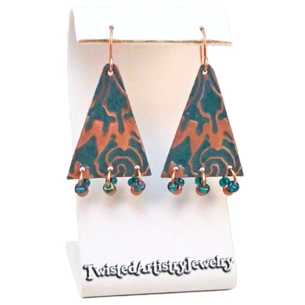 Teal Enameled Copper Triangle Chandelier Earrings - Picture 1 of 4
